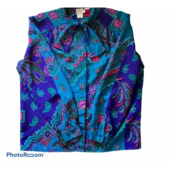 Vintage Tan Jay Womens Blouse Hidden Buttons Bow Size 12 Blue - Picture 3 of 8